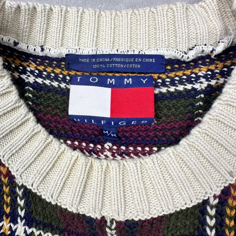 VTG Tommy Hilfiger Plaid Crew Neck Chunky Sweater Cotton Mens‎ M Burgundy Navy